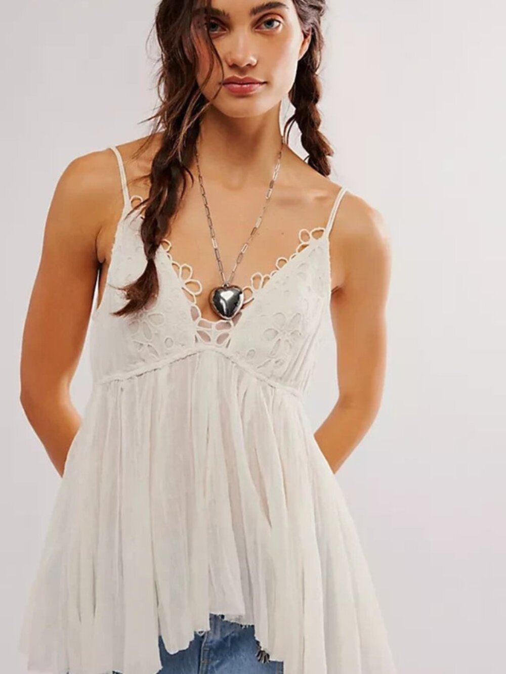 Free People FP One Casella Tunic Clean Ivory Embroidered V Neck Top S
